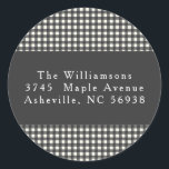 Simple Black Plaid Christmas Return Address Classic Round Sticker<br><div class="desc">Add a charming touch to your mail with this classic gingham return address sticker. Featuring a timeless black-and-white chequered pattern with elegant typography,  this customisable sticker is perfect for wedding invitations,  holiday cards,  or everyday correspondence. Personalise it with your name and address for a polished finishing touch!</div>