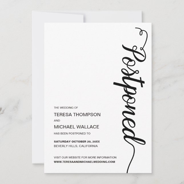 Simple Black Postponed Wedding Postponement Invitation (Front)