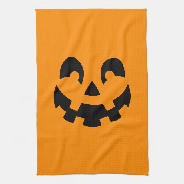 Simple Black Pumpkin Face On Orange Halloween Tea Towel (Vertical)