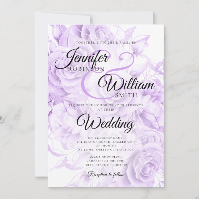 Simple Black & Purple Elegant Floral Wedding Invitation (Front)