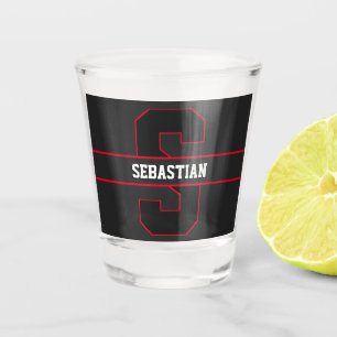 Simple Black Red Personalised Sporty Monogram Shot Glass