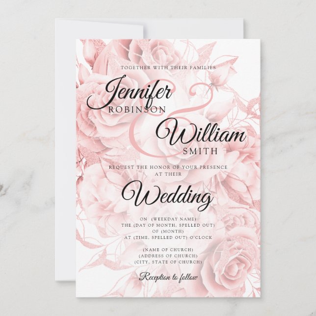 Simple Black & Rose Gold Elegant Floral Wedding Invitation (Front)