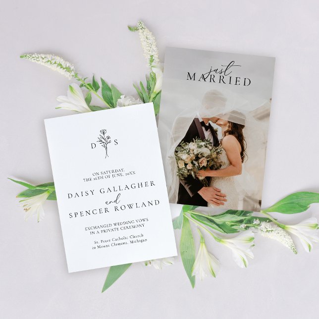 Simple Black Script  and Floral Monogram Wedding  Announcement (Creator Uploaded)