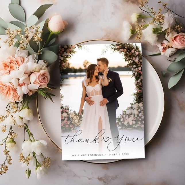 simple black script newlyweds wedding photo thank you card (Creator Uploaded)
