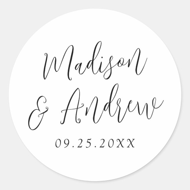 Simple Black Script Personalised Wedding Classic Round Sticker (Front)