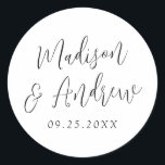 Simple Black Script Personalised Wedding Classic Round Sticker<br><div class="desc">Elegant wedding stickers featuring your names in a black script with a white background. Personalise the simple wedding stickers with your wedding date. Design coordinates with our Simple Script wedding collection.</div>
