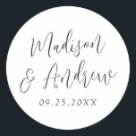 Simple Black Script Personalised Wedding Classic Round Sticker<br><div class="desc">Elegant wedding stickers featuring your names in a black script with a white background. Personalise the simple wedding stickers with your wedding date. Design coordinates with our Simple Script wedding collection.</div>