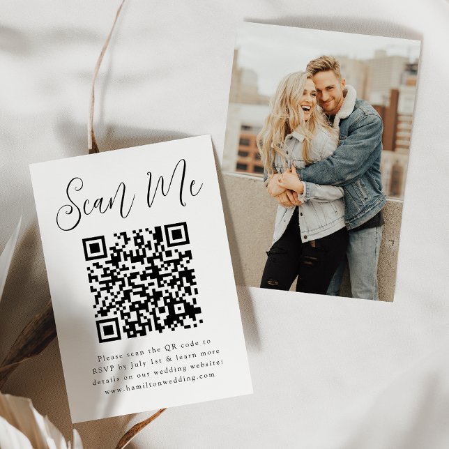 Simple Black Script Photo QR Code Wedding RSVP Enclosure Card (Creator Uploaded)
