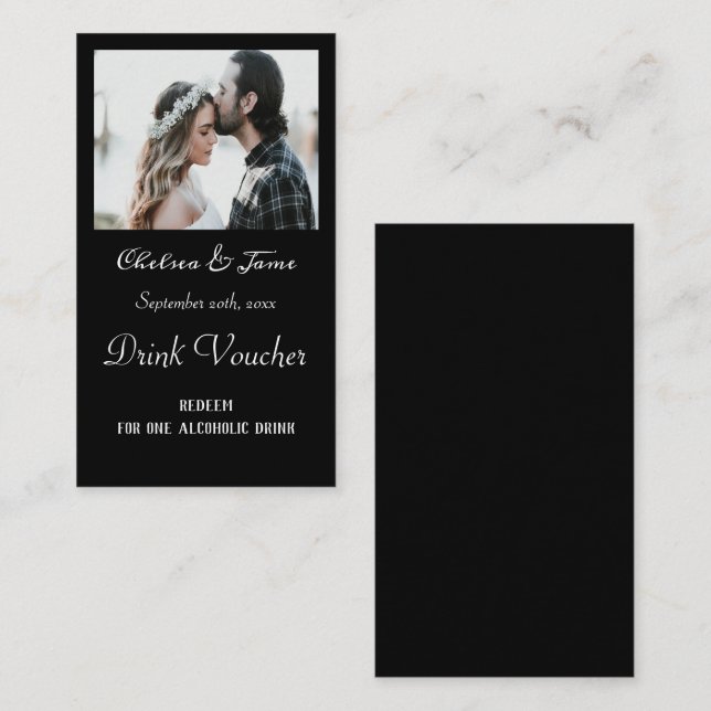 Simple Black Script Photo Wedding Drink Ticket  (Front/Back)