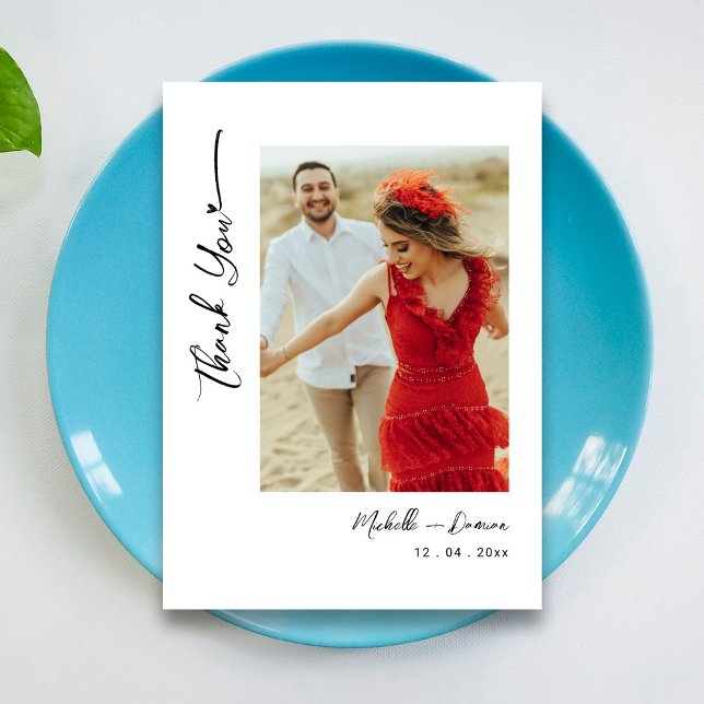 Simple Black Script Photo Wedding Thank You Card (The Perfect Touch: Black Script Wedding Photo Thank You Card Customize)