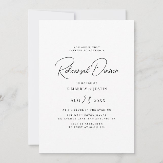 simple black script rehearsal dinner invitation (Front)