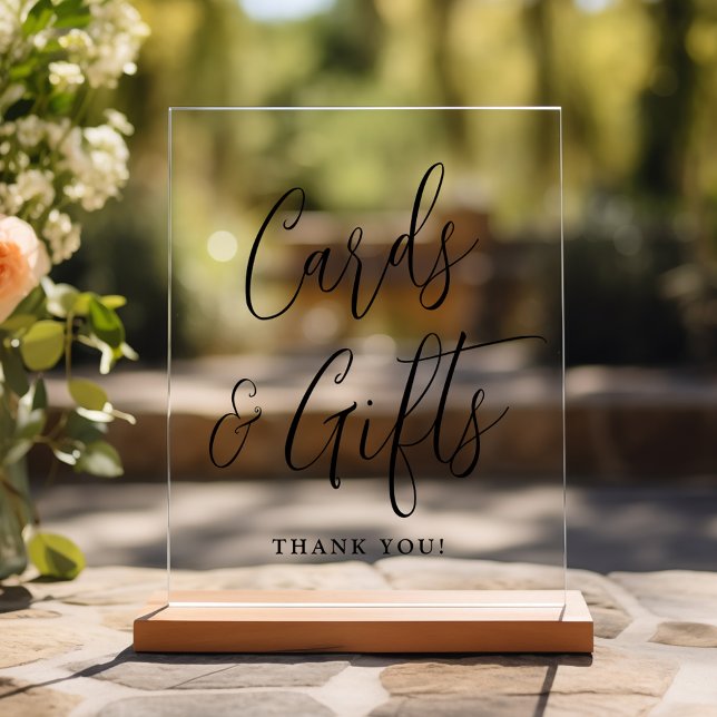 Simple Black Script Wedding Cards and Gifts Acrylic Sign (Please note: The wooden stand does not come with the sign. Zazzle sells a wood block stand.)