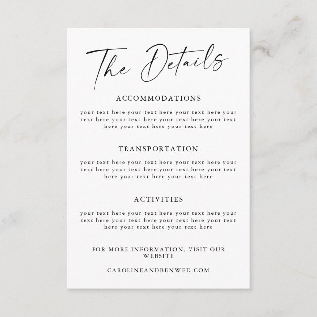 Simple Black Script Wedding Details Template (Front)