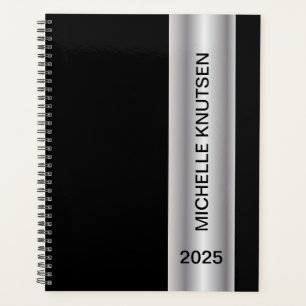 Simple Black Silver Personalised Planner 2025   