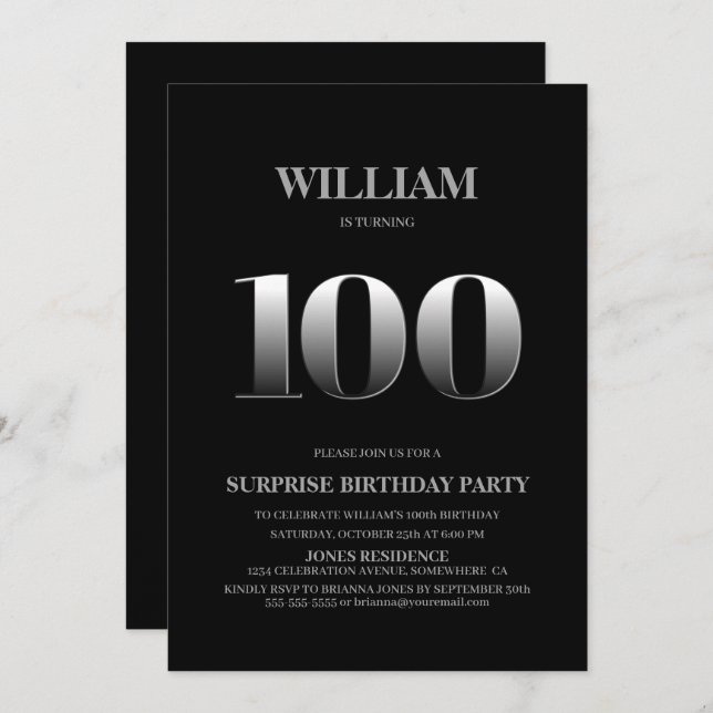 Simple Black Silver Surprise 100th Birthday Invitation (Front/Back)
