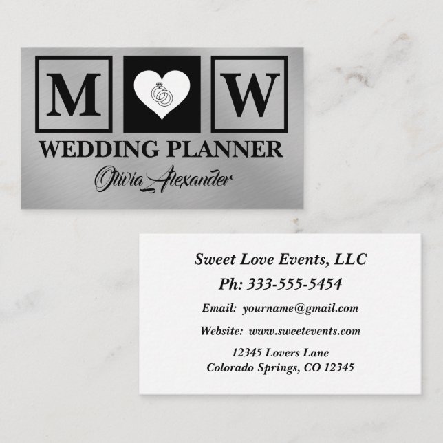 Simple Black Silver Wedding Planner Business Card (Front/Back)