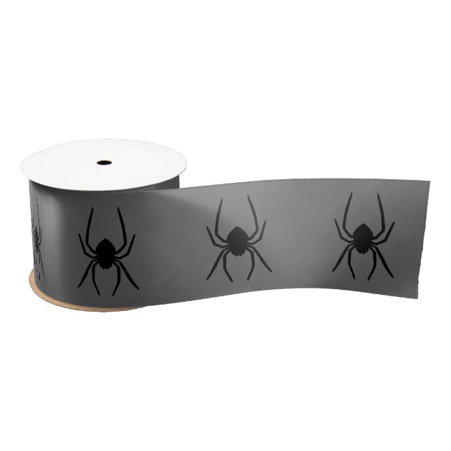 Simple Black Spider Silhouettes On Grey Halloween Satin Ribbon (Spool)