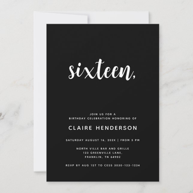 Simple Black Sweet 16th Birthday Party Invitation (Front)