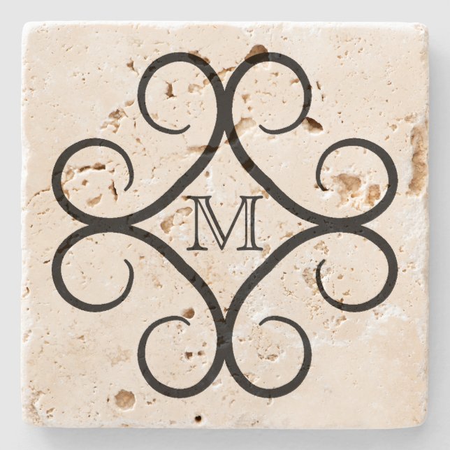 Simple black swirl monogram stone coaster (Front)