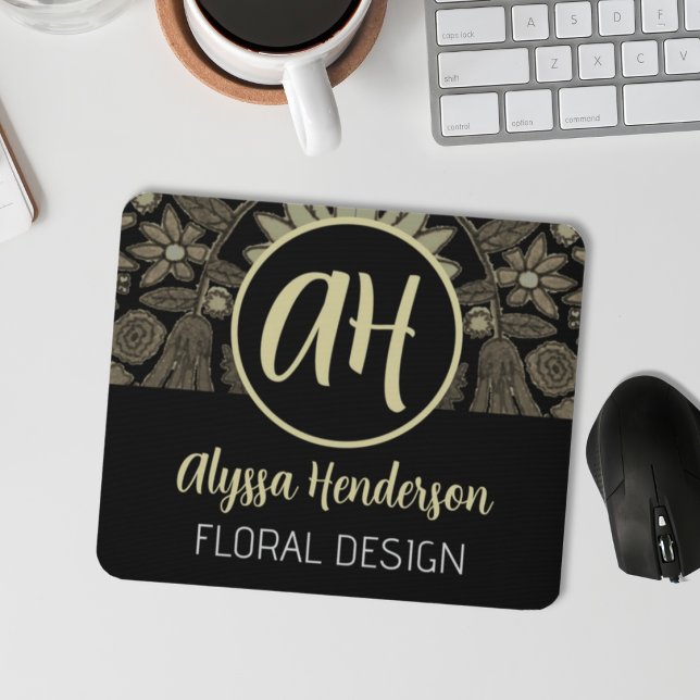 Simple Black & Tan Floral Design Business Logo Mouse Pad (Creator Uploaded)