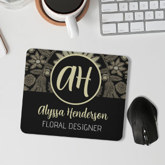 Simple Black & Tan Flower Design Business Logo Mouse Pad