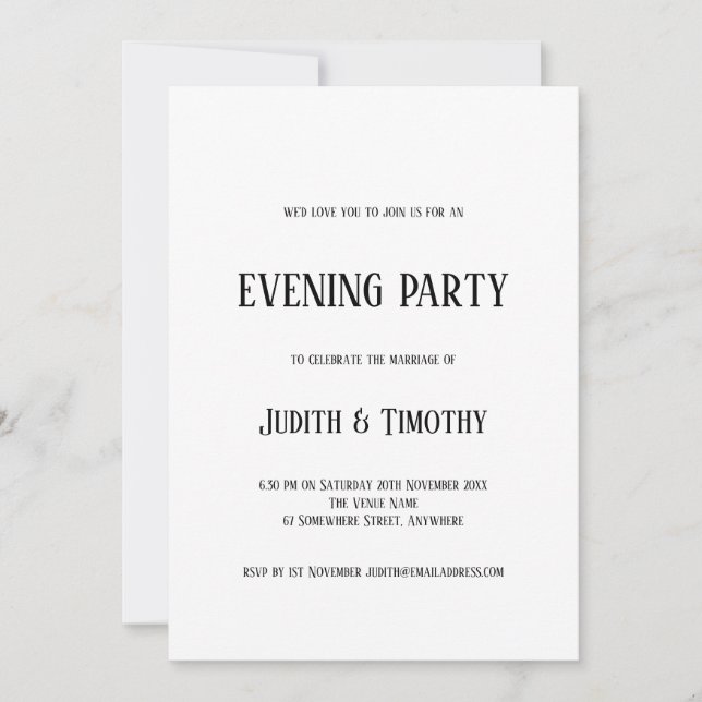 Simple Black Text White Any Colour Evening Party Invitation (Front)