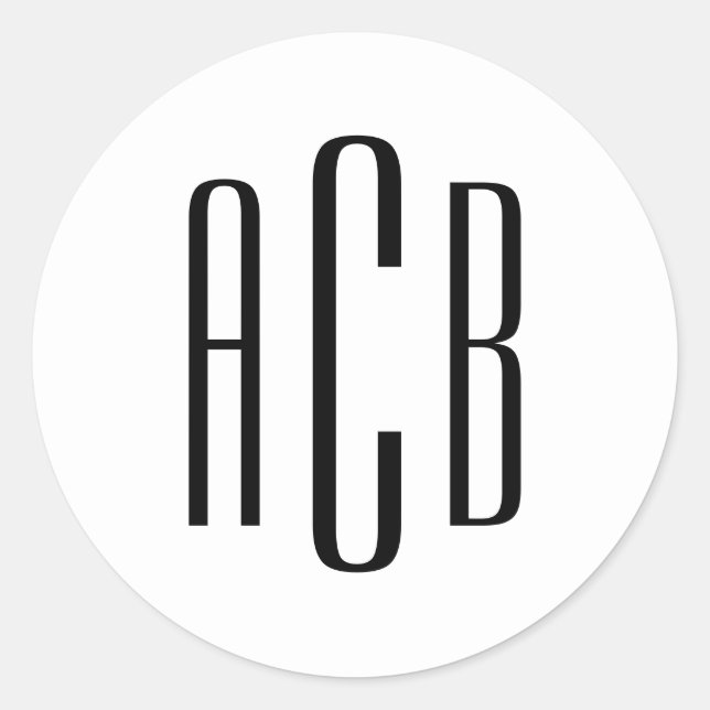 Simple Black Three Letter Monogram Classic Round Sticker (Front)
