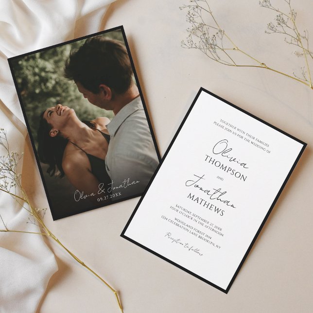 Simple Black Tie White Script Photo Wedding Invitation (Creator Uploaded)