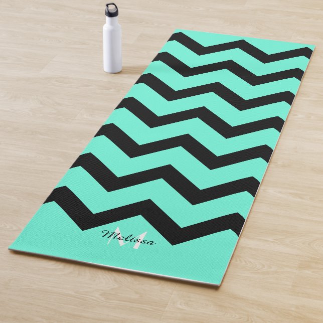 Simple Black turquoise Chevron pattern Monogram Yoga Mat (In Situ)