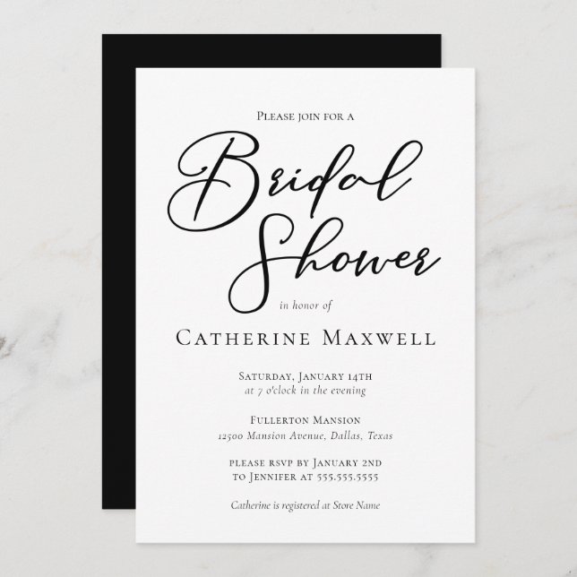 Simple Black Typography Chic Modern Bridal Shower Invitation (Front/Back)