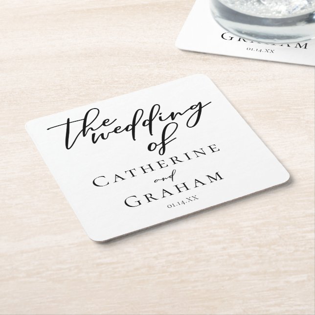 Simple Black Typography Modern Formal Wedding Square Paper Coaster (Angled)