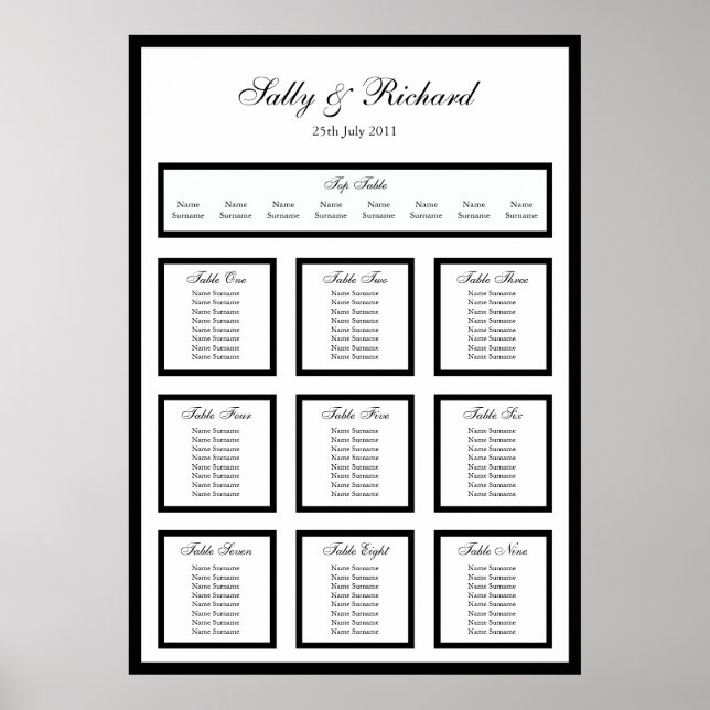 Simple Black Wedding Table Seating Plan Print (Front)
