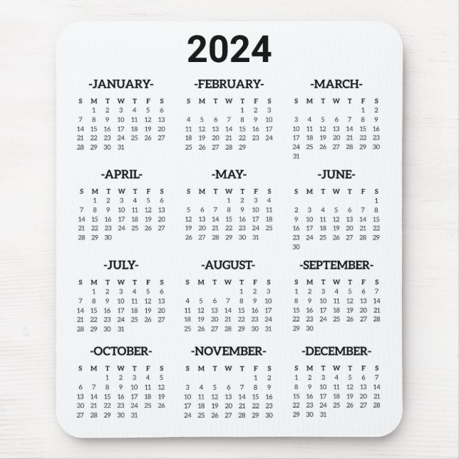 Simple Black & White 2024 Year At Glance Calendar Mouse Pad (Front)