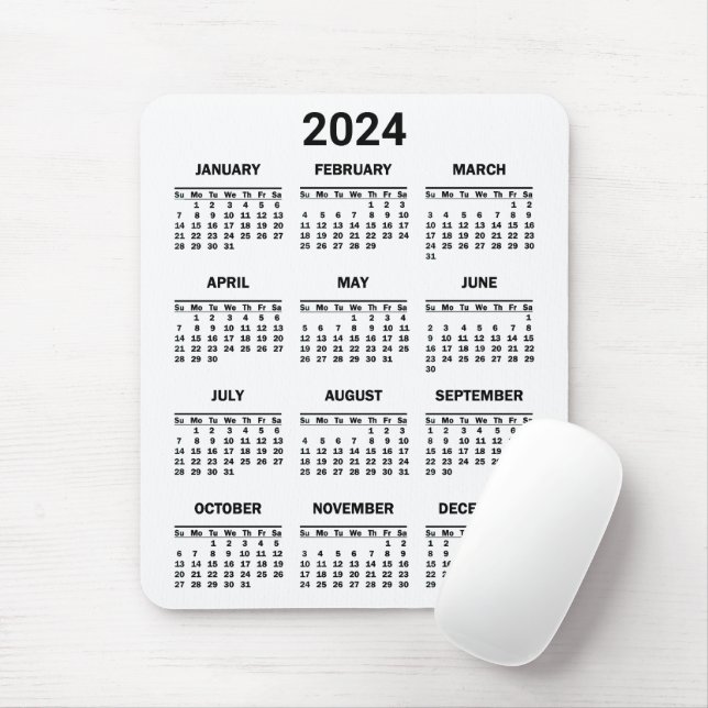 Simple Black & White 2024 Year At Glance Calendar Mouse Pad (With Mouse)