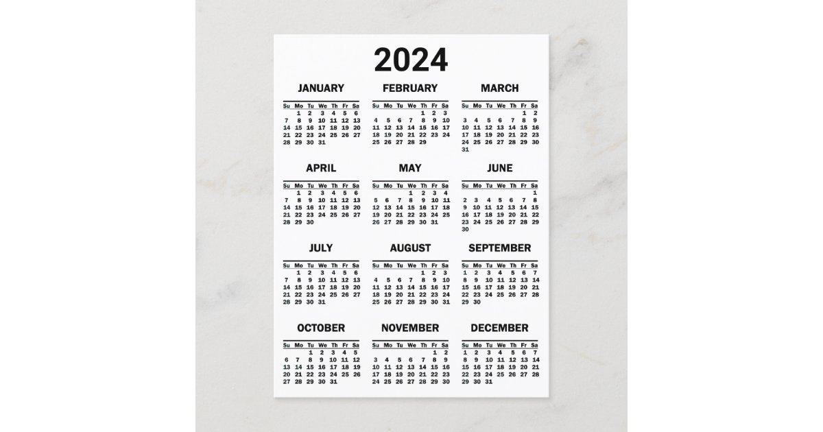 Simple Black & White 2024 Year At Glance Calendar Postcard | Zazzle.co.nz
