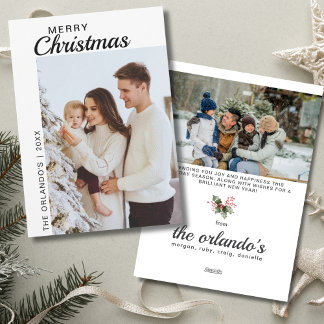 Simple Black White 2 Photo Merry Christmas Holiday Card