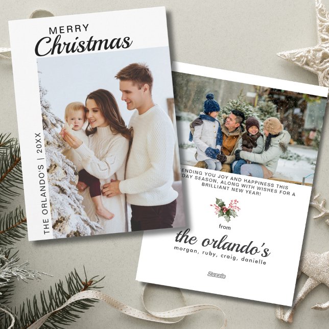 Simple Black White 2 Photo Merry Christmas Holiday Card (Creator Uploaded)