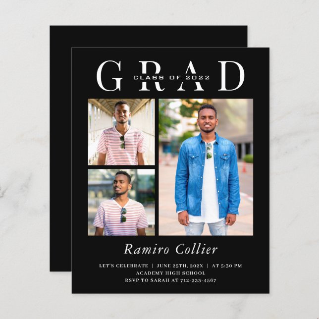 Simple Black White 3 Photo Graduation Celebration (Front/Back)