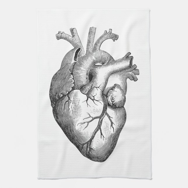Simple Black White Anatomy Heart Illustration Tea Towel (Vertical)