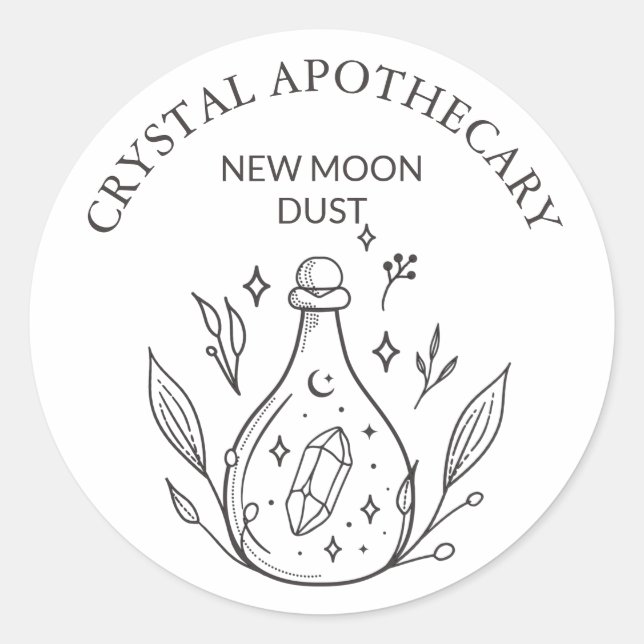 Simple Black & White Apothecary Crystal Bottle Classic Round Sticker (Front)