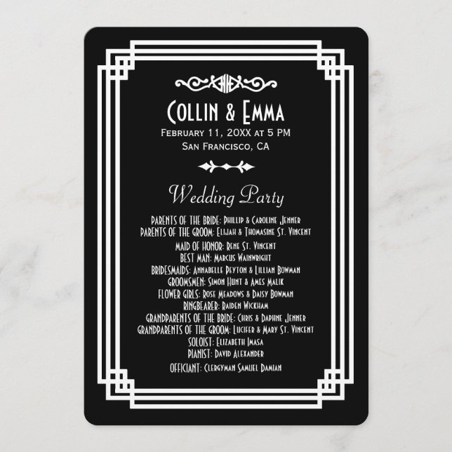 Simple Black & White Art Deco Wedding Programs Programme (Front)
