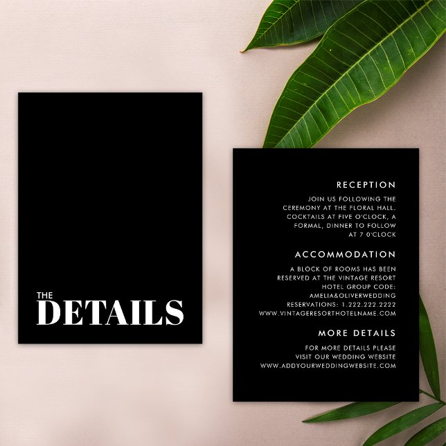 Simple Black White Bold Minimal Wedding Details Enclosure Card (Front / Back)