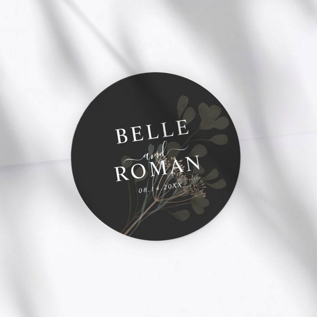 Simple Black & White Botanical Wedding Classic Round Sticker (Creator Uploaded)