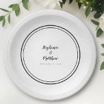 Simple Black White Bride & Groom Wedding  Paper Plate<br><div class="desc">A simple and modern black border frames these elegant 7-inch wedding party plates, featuring the couple’s first names and event date in clean black lettering and script on a crisp white background. The minimalist double‑frame design creates a timeless, classic look perfect for engagement parties, couples showers, rehearsal dinners, dessert tables,...</div>