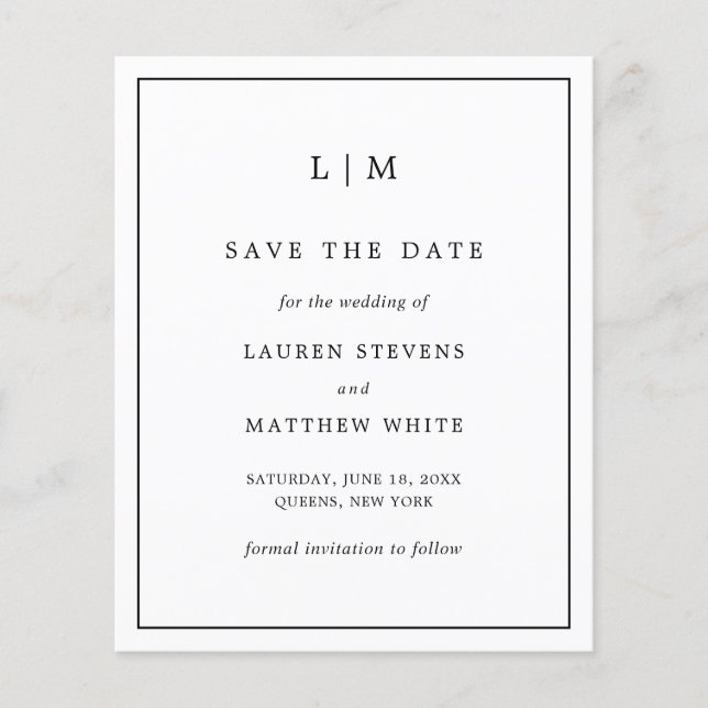 Simple Black White Budget Wedding Save the Date Flyer (Front)