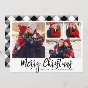 Simple Black White Buffalo Plaid 4 Photo Collage  Holiday Card