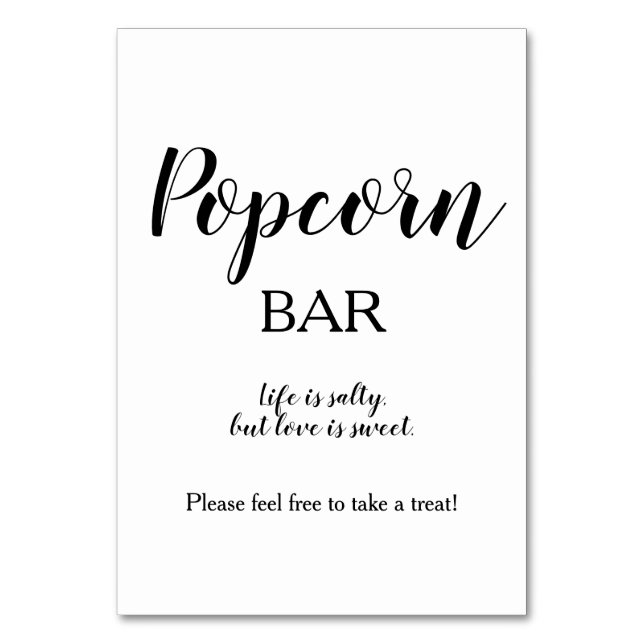 Simple Black White Calligraphy Popcorn Bar Table Number (Front)