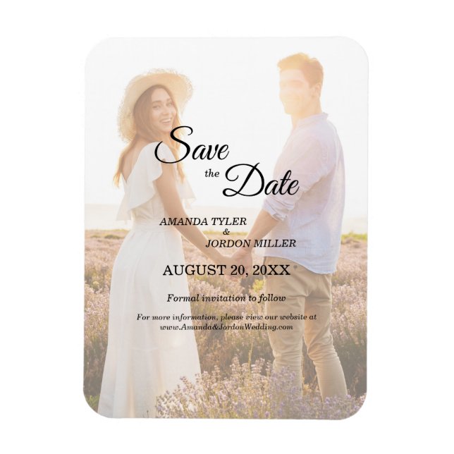 Simple Black White Calligraphy Save the Date Photo Magnet (Vertical)