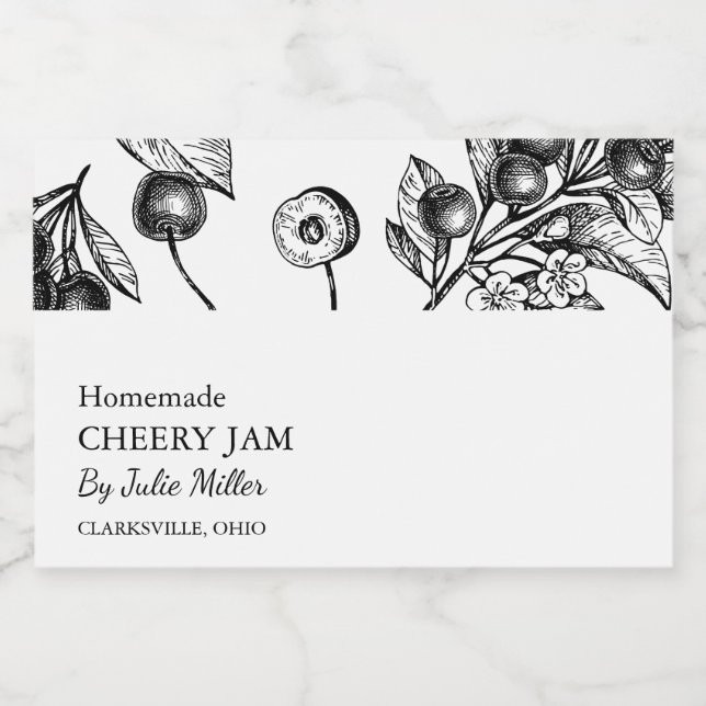 Simple Black & White Cherry Jam Label (Single Label)