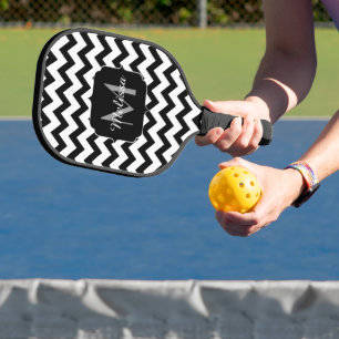 Simple black white chevron pattern lines Monogram Pickleball Paddle
